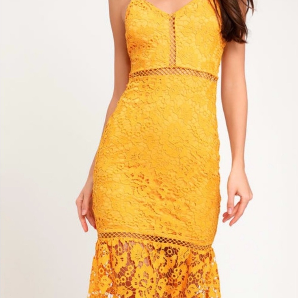 Lulu's Yellow Gold Tiered Ruffled Midi Dress